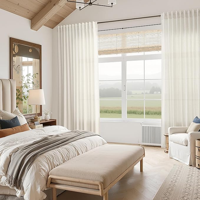 Nanspring Natural Linen Curtains 90 Inches Long for Living Room Country Semi Sheer Light Filtering Curtains Farmhouse Decor Boho Curtain for Bedroom Back Tab and Rod Pocket 52x90, 2 Panels