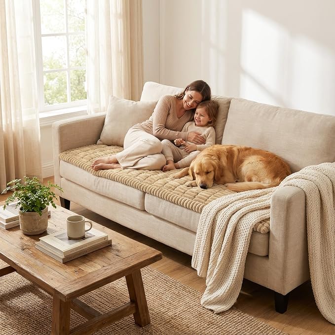 Smiry Couch Cover for Dogs Washable, Non Slip Fuzzy Pet Couch Covers for 3 Cushion Sofa Pet Friendly, Thick Soft Sofa Slipcovers Cushion Protector (Camel, 27.6" x 82.7")