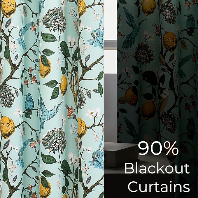 Topfinel 94 Inches Long Custom Floral Curtains Unique Cottagecore Whimsical Vintage Pretty Fun Flower Hummingbird Patterned Double Sided Grommet Print Drapes for Bedroom Living Room Dining Mint Green