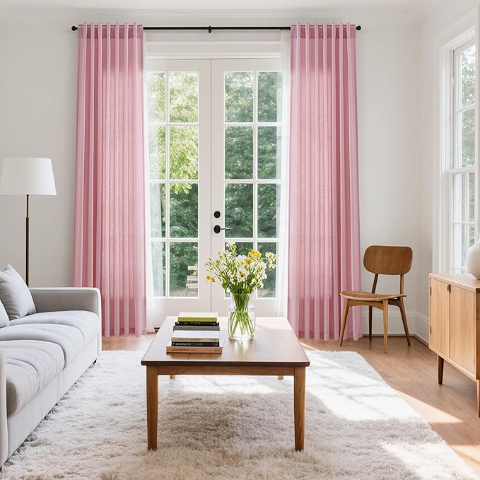 Nanspring Rose Linen Curtains 102 Inches Long 2 Panel Set Back Tab Rod Pocket Semi Sheer Light Filtering Burlap Style Extra Long High Window for Neutral Farmhouse Decor Curtains in Living Room 52x102