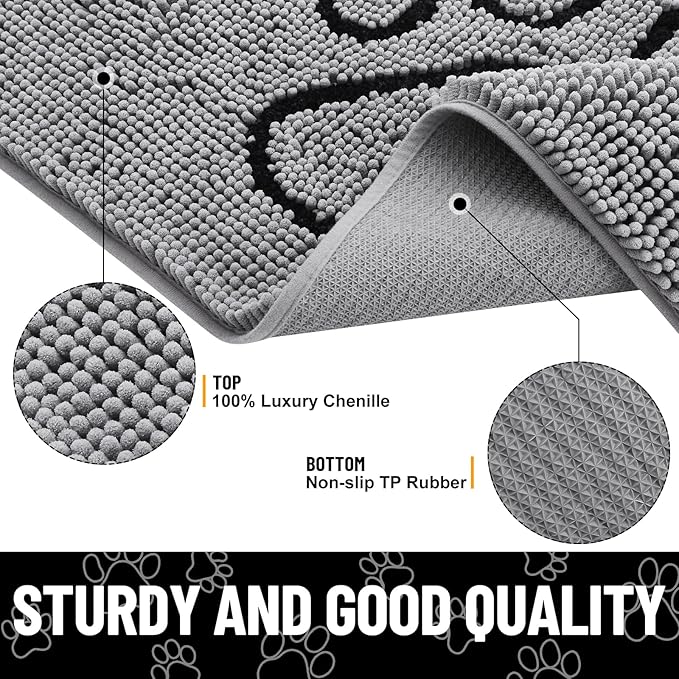 Smiry Dog Door Mat for Muddy Paws, Absorbent Dirt Trapper Non Slip Quick Dry Washable Chenille Mat for Mud Dogs, Entry Rug for Indoor and Outdoor (70x24 Inches, Grey and Black)