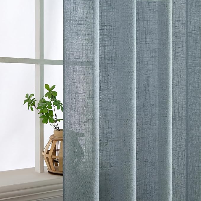 MIULEE Dusty Blue Linen Curtains 54 Inch Length 2 Panels for Bedroom Living Room, Soft Thick Linen Textured Natural Short Window Drapes Semi Sheer Light Filtering Back Tab Rod Pocket Burlap Look Decor