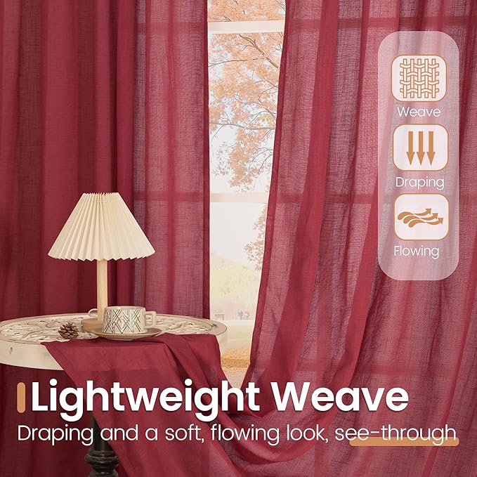 BGment 96 Inches Long Linen Curtains for Living Room, Semi Sheer Burgundy Window Drapes Textured for Bedroom Dining Light Filtering with Rod Pocket Lightweight, 2 Panels, Each 52 Inch Wide