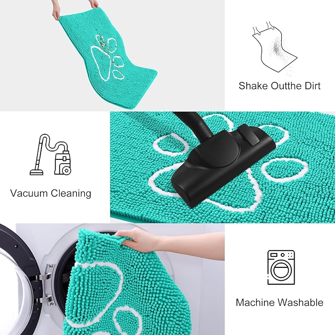 Smiry Dog Door Mat for Muddy Paws, Absorbent Dirt Trapper Non Slip Quick Dry Washable Chenille Mat for Mud Dogs, Entry Rug for Indoor and Outdoor (30x20 Inches, Turquoise and White)