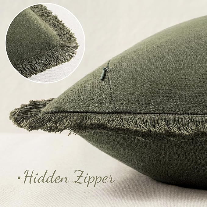 MIULEE Decorative Throw Pillow Covers Neutral Linen Fringe Throw Pillows Euro Shams Set of 2 Olive Green Boho Farmhouse Cushion Covers for Couch Sofa Bed Living Room Spring Home Decor 24x24 Inch