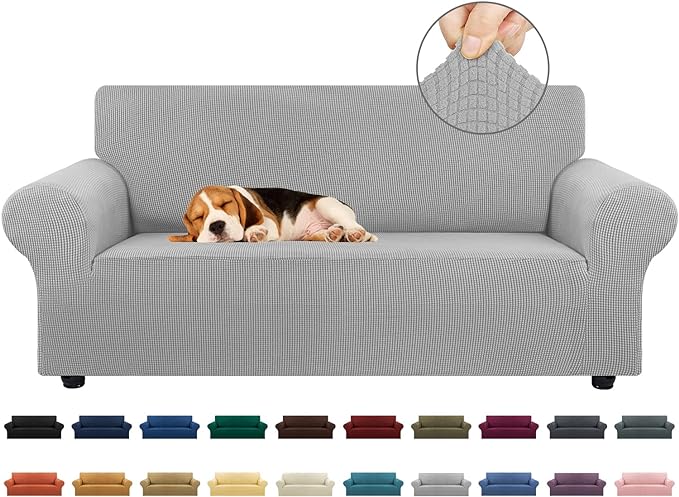 KEKUOU Stretch Loveseat Sofa Cover Slipcover,Couch Covers for 2 Cushion Couch Sofa (55"-78") Furniture Protector Sofa with Elastic Bottom for Kids,Dog. Jacquard Small Checked (Medium,Silver)