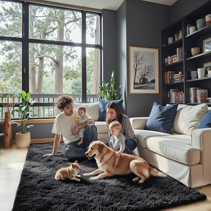 Rugs for Living Room 5x8, Alfombras para Salas Shag Large Plush Soft Area Rug, Shaggy Carpets for Bedroom, Kids Boys Girls Home Decor Aesthetic(Black, 5 x 8 Feet)