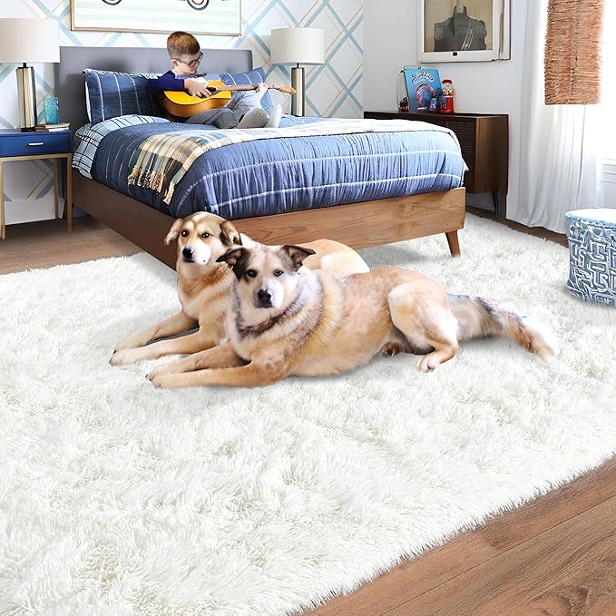 Rugs for Living Room 9x12, Soft Shaggy Modern Shag Area Rug for Bedroom, Upgrade Non-Slip Plush Fluffy Carpet for Kids Boys Girls Room Home Decor Aesthetic, Cream White