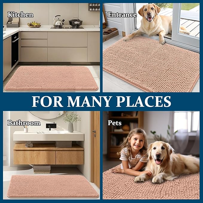 OLANLY Dog Door Mat for Muddy Paws 47x32, Absorbs Moisture and Dirt, Absorbent Non-Slip Washable Doormat, Quick Dry Chenille Mud Mat for Dogs, Entry Indoor Entryway Carpet for Inside Floor, Peach