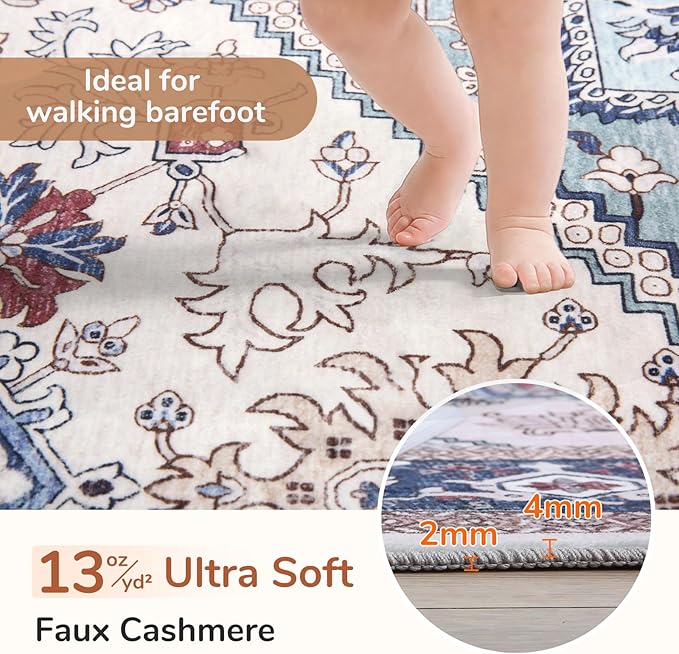 OPPODREAM Soft 10x14 Area Rugs, Washable Rugs 10x14 with Non Slip Backing, Low-Pile Faux Cashmere 10 x 14 Carpet, Navy Blue & Red & Cream