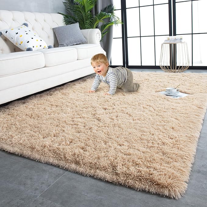 TWINNIS Super Soft Shaggy Rugs Fluffy Carpets, 4x5.9 Feet, Indoor Modern Plush Area Rugs for Living Room Bedroom Kids Room Nursery Home Decor, Upgrade Anti-Skid Fuzzy Rug, Light Tan