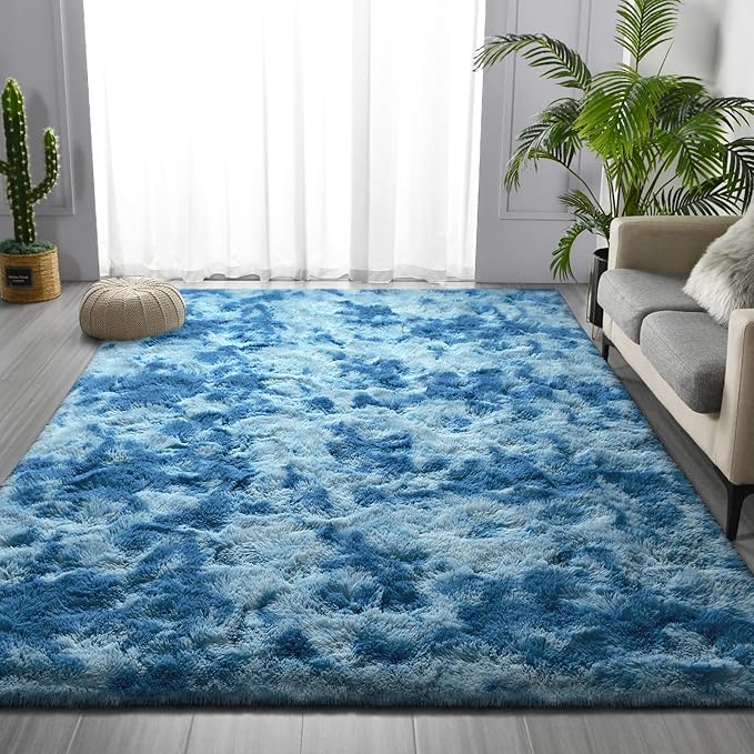 Deerhoo Shag Area Rug, 4 X 6 Tie-Dyed Plush Fuzzy Rugs for Living Room, Ultra Soft Fluffy Furry Rug for Bedroom, Indoor Carpet Nursery Rugs for Kids Room Home Decor, Bright Blue