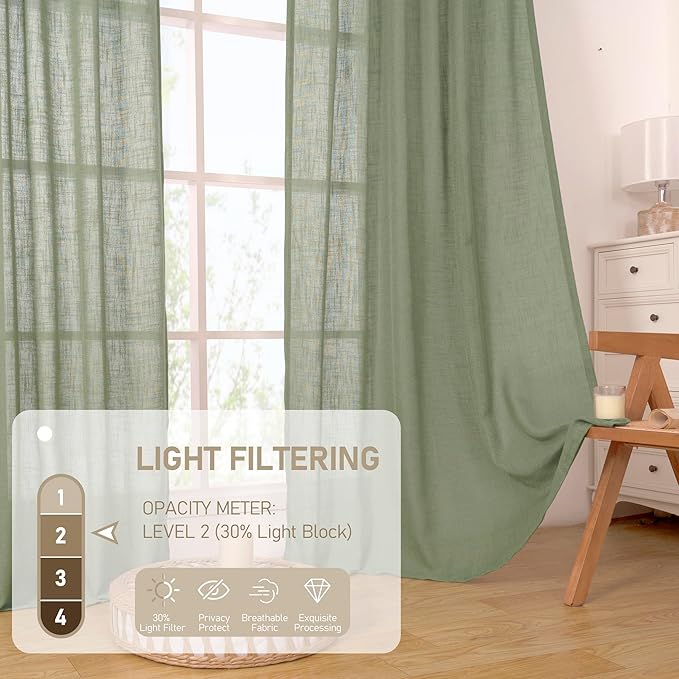 LAMIT Sage Green Linen Curtains for Living Room 108 inch Length 2 Panels, Light Filtering Semi Sheer Panels Back Tab and Rod Pocket Panels for Bedroom/Sliding Glass Door, 52 x 108 Inch