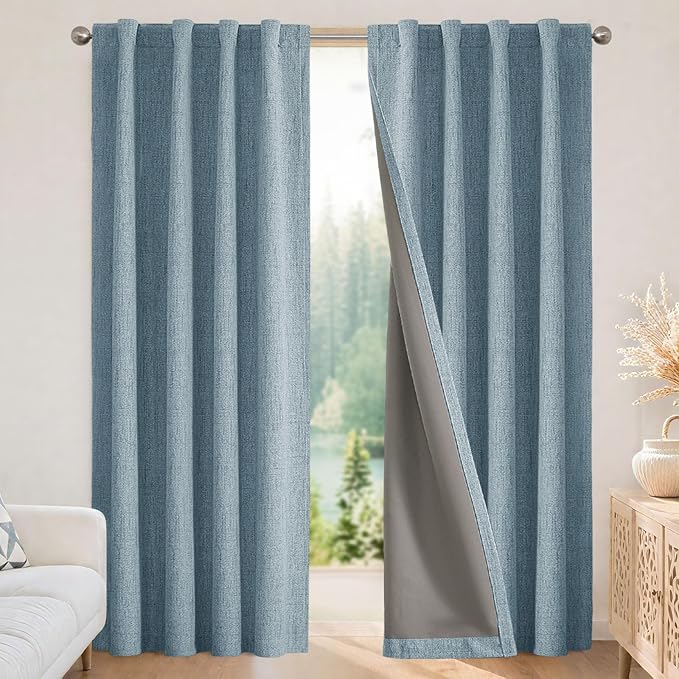 Joydeco Blackout Curtains for Bedroom - 63 Inch Long 100% Light Blocking 2 Panels Sky Blue Drapes, Thermal Insulated Room Darkening Curtains, Linen Textured for Living Room, Rod Pocket & Back Tabs