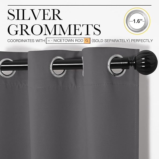 NICETOWN Grey Blackout Curtain Panels 48 inch Long Set of 2 for Bedroom, Thermal Insulated Grommet Top Light Blocking Draperies and Drapes for Basement (W34)