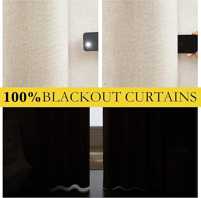 NICETOWN Linen Blackout Curtains for Kitchen, Beige, 2 Panels, 34" Wide x 48" Long, Short Kitchen Burlap Linen 100% Blackout Drape Panels for Night Shift, Great Job for Blocking Light