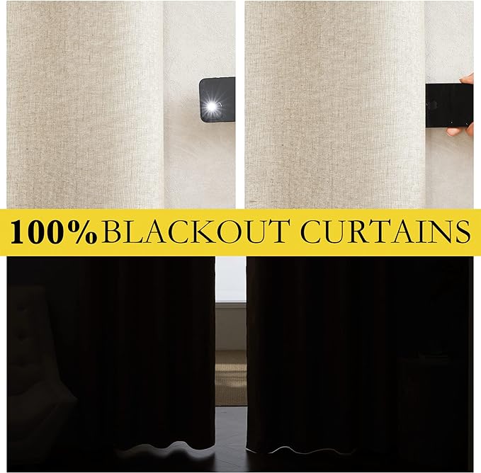 NICETOWN 100% Blackout Linen Texture Curtains 80" Long, Beige, 2 Pcs, Thermal Insulated Full Blackout 2-Layer Lined Drapes, Energy Efficiency Window Draperies for Boy's Room