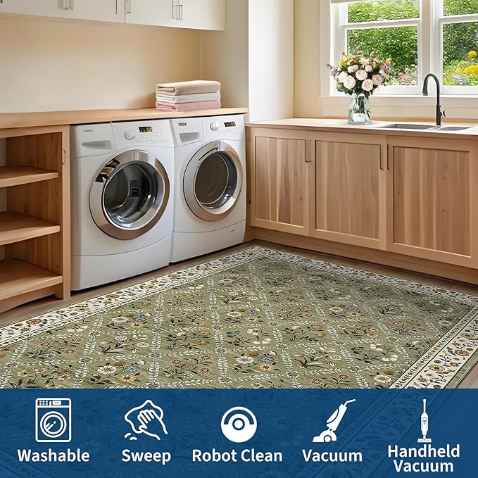 GarveeHome Grey Floral Rug 4x6 Rug Machine Washable Area Rug for Living Room Farmhouse Floral Low Pile for Dining Room, Bedroom Indoor Foldable Non-Slip Green RV