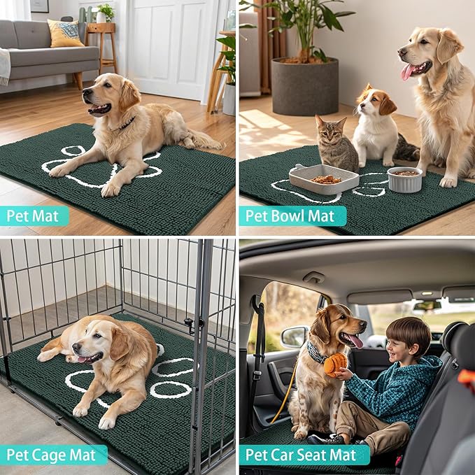 Smiry Dog Door Mat for Muddy Paws, Absorbent Dirt Trapper Non Slip Quick Dry Washable Chenille Mat for Mud Dogs, Entry Rug for Indoor and Outdoor (70x24 Inches, Green and White)