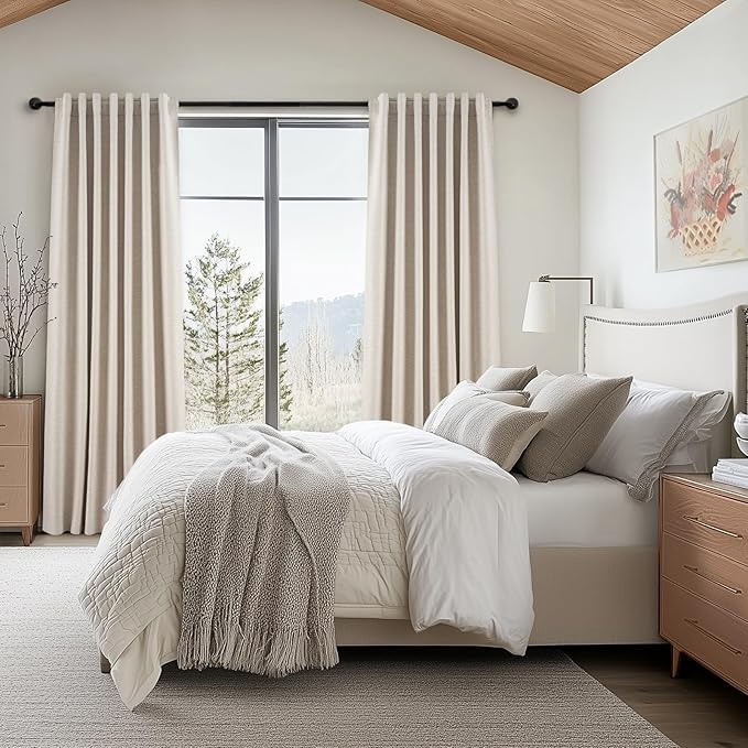Topfinel Black Out Rustic 96 Inch Long Linen Curtains 2 Panel Set, Modern Farmhouse Greige Grey Curtains for Living Room, Room Darkening Tab Top Noise Reduction Textured Drape 8FT Hook&Ring Included