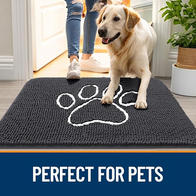 OLANLY Dog Door Mat for Muddy Paws 40x32, Paw Print Design, Absorbs Moisture and Dirt, Absorbent Non-Slip Washable Doormat, Quick Dry Chenille Mud Mat for Dogs, Entry Indoor Entryway Carpet, Dark Grey