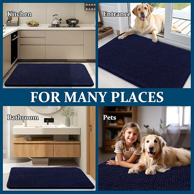 OLANLY Dog Door Mat for Muddy Paws 36x24, Absorbs Moisture and Dirt, Absorbent Non-Slip Washable Doormat, Quick Dry Chenille Mud Mat for Dogs, Entry Indoor Entryway Carpet for Inside Floor, Navy Blue
