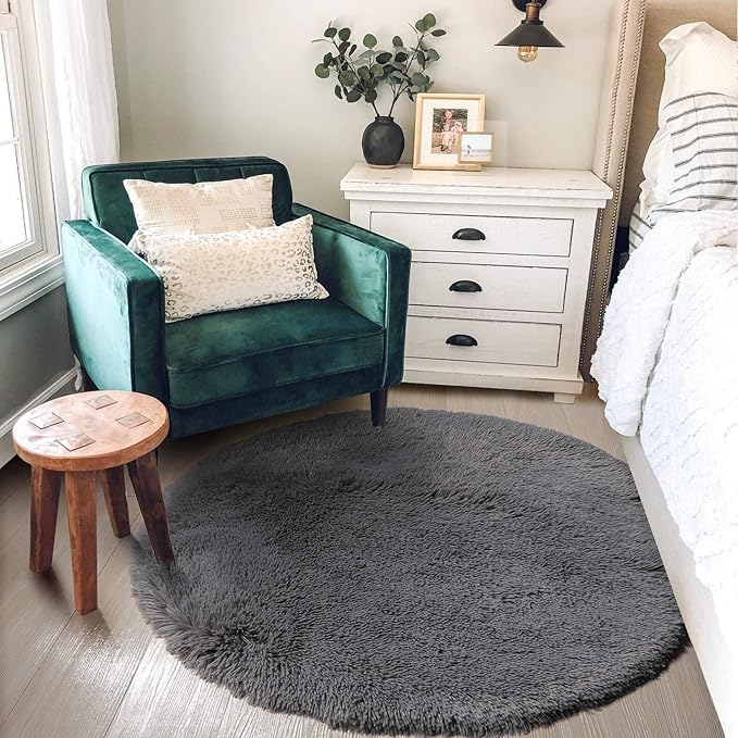 Grey Round Rugs 4Ft for Living Room Bedroom, Fluffy Fuzzy Shag Shaggy Circle Area Rug for Kids Room Home Office Decor Aesthetic, Furry Soft Plush Indoor Floor Gray Carpet for Baby Nursery Preppy Dorm