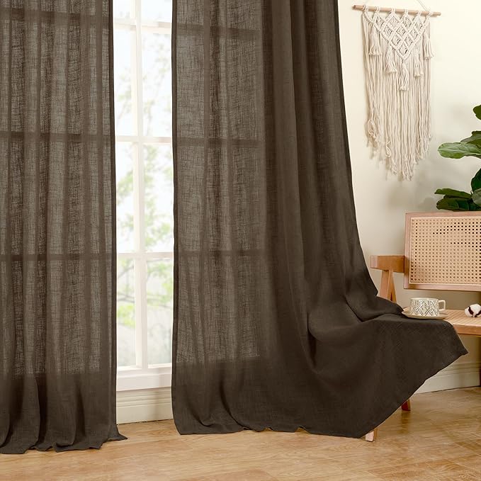 LAMIT 40 Inch Length Linen Curtains for Small Windows, Semi Sheer Light Filtering Panels Back Tab and Rod Pocket Neutral Drapes for Basement/Window/Loft Room, Dark Brown, 2 Panels, 34 x 40 Inch