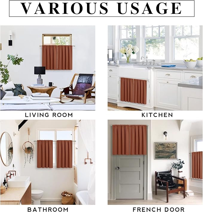 RYB HOME Cafe Blackout Curtains 24 inch Length, RV Curtains for Camper Windows, Mini Short Small Insulating Light UV Blocking Privacy Half Window Tiers, Width 29 by Length 24, Burnt Orange, 2 Panels
