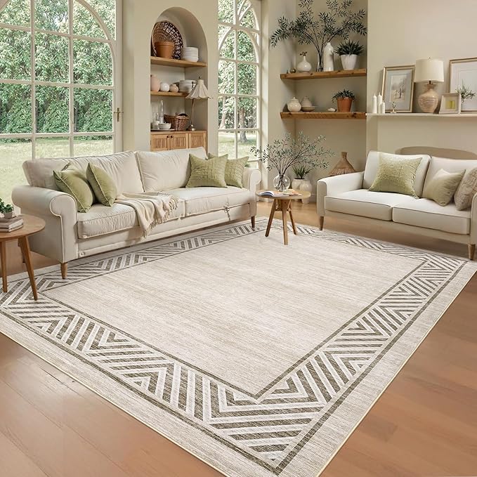 GarveeHome Large Dining Room Rug 10x13 Washable Bordered Carpet for Bedroom, Stain-Resistant Ultra-Thin Indoor Rug with Non-Slip Backing, Contemporary Floor Cover for Living Room, Office, Beige