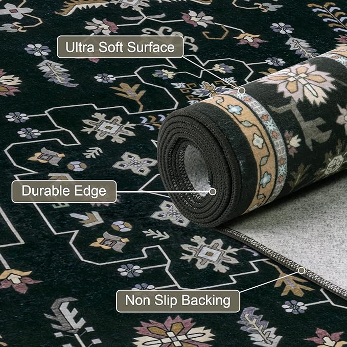 3x5 Area Rugs Living Room Rug: Washable Vintage Boho Medallion Rug No Slip Stain Resistant Soft Carpet Indoor Floor Large Carpets for Bedroom Dining Room Farmhouse Nursery Hallway Home Office Black