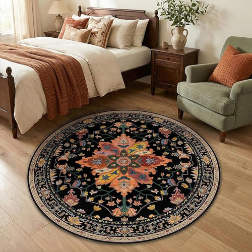 Area Rugs 4ft Washable Non-Slip, Floral Vintage Distress Print Pattern Medallion Carpet for Living Room Bedroom Dining Room, Black Colorful Floral Dark Tan