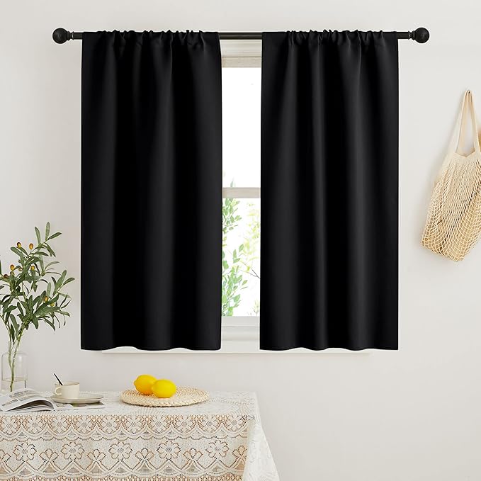 RYB HOME Blackout French Door Window Curtain Covering, Rod Pocket Thermal Insulated Privacy Non See Through Drapes for Bathroom Window, Width 29 by Length 45, Black, 2 Panels