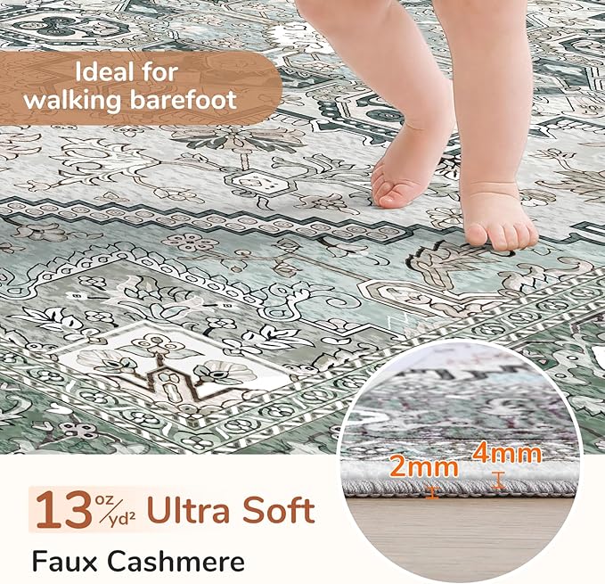 OPPODREAM Soft Area Rugs 9x12 Living Room, Washable Rugs 9x12 with Non Slip Backing, Faux Cashmere Low-Pile 9 x 12 Carpet, Green
