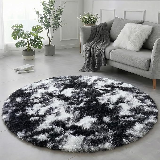 Amdrebio Black White Grey Round Rug 4Ft Circle Area Rugs for Bedroom Living Room, Fluffy Fuzzy Shaggy Furry Rugs for Kids Room Dorm Home Office, Shag Plush Floor Modern Cool Carpet for Men Teen Boys