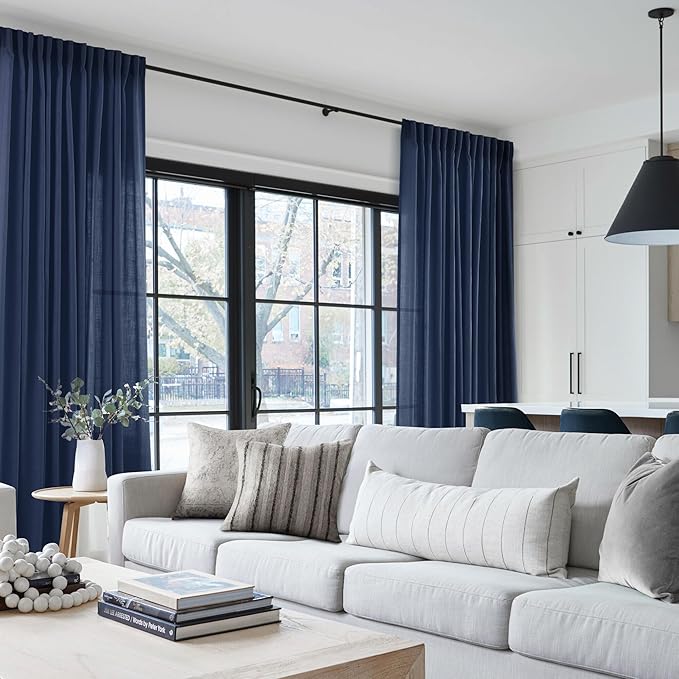 Navy Blue Curtains 108 inch Length for Bedroom Back Tab Light Filtering Semi Sheer Blue Living Room Curtains Linen Cotton Textured Indigo Blue Drapery Panel Modern Aesthetic Decor 60" Wx108" L