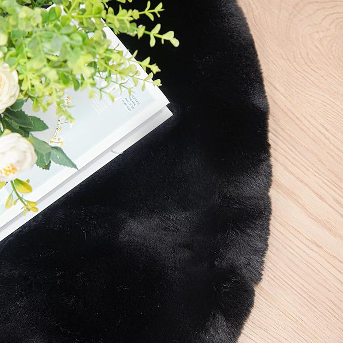 ORINOVA Black Round Rugs 8ft Machine Washable Rabbit Fur Area Rug Large Circle Rugs for Bedroom Faux Sheepskin Rug Cushion Living Room Décor