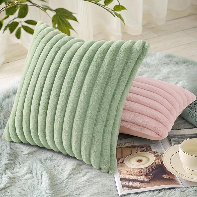 decorUhome Summer Cozy Faux Fur Throw Pillow Covers 24x24 Set of 2 Decorative Plush Striped Modern Farmhouse Boho Couch Euro Sham Pillow Cases with Velvet Back for Sofa Bed Living Room, Sage Green