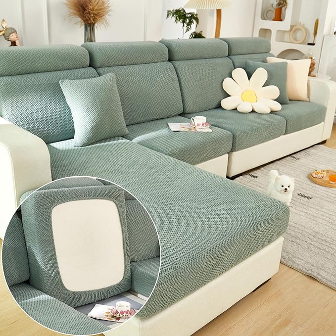 Couch Cushion Covers for Sofa Couch Covers Wear-Resistant Universal Sofa Cover Washable Stretch for Sectional Slipcovers (Texture-Green,Chaise Cover)