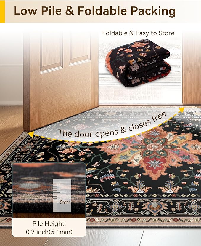 Area Rugs 3'x10' Runner Rug Non Slip Washable for Kitchen Hallway Bedroom Beside Laundry Room Bathroom Rug, Floor Carpet, Black Colorful Floral Dark Tan