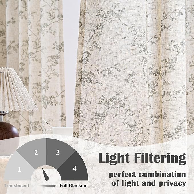 Lazzzy Linen Farmhouse Curtains Grey Floral Curtains 63 Inch Long Back Tab Drapes for Living Room Bedroom Light Filtering Country Vintage Rod Pocket Curtain, 2 Panels, Gray on Beige