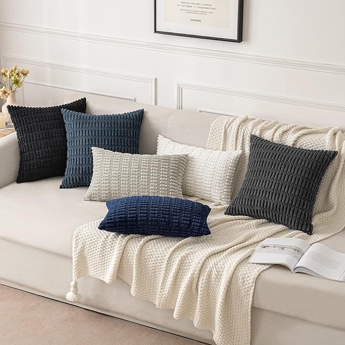 MIULEE Pack of 2 Corduroy Decorative Throw Pillow Covers 18x18 Inch Soft Boho Striped Pillow Covers Modern Farmhouse Home Decor for Summer Coastal Sofa Living Room Couch Bed Blue