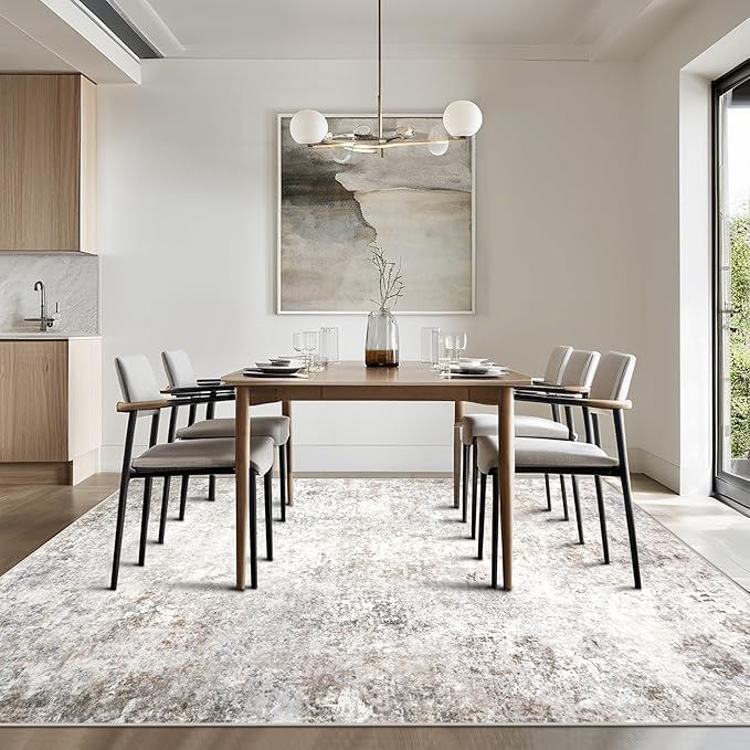 Washable Rugs 6x9 Area Rugs for Living Room,Modern Abstract Rugs for Bedroom,Large Carpets,Ultra Soft Faux Wool Retro Dining Room Rug,Non Slip&Non-Shedding Low Pile Print Rug- Beige Grey