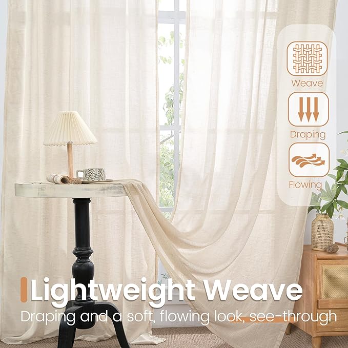 BGment Linen Curtains 45 Inch Length for Short Window - Oatmeal Rod Pocket Small Drapes Light Filtering for Cafe Bedroom Decorative Lightweight Natural Rustic, 2 Panels Set, 30 X 45 Inch