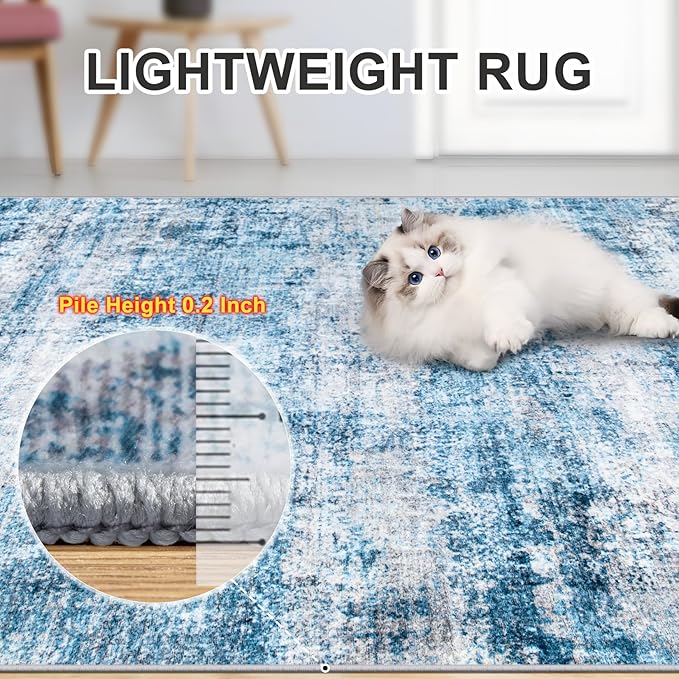 Area Rugs 10x12 Living Room - Washable Rug Modern Abstract Soft Large Neutral Non-Slip Carpet Indoor Floor Thin Carpets for Bedroom Dining Room Farmhouse Nursery Home Office Blue Grey