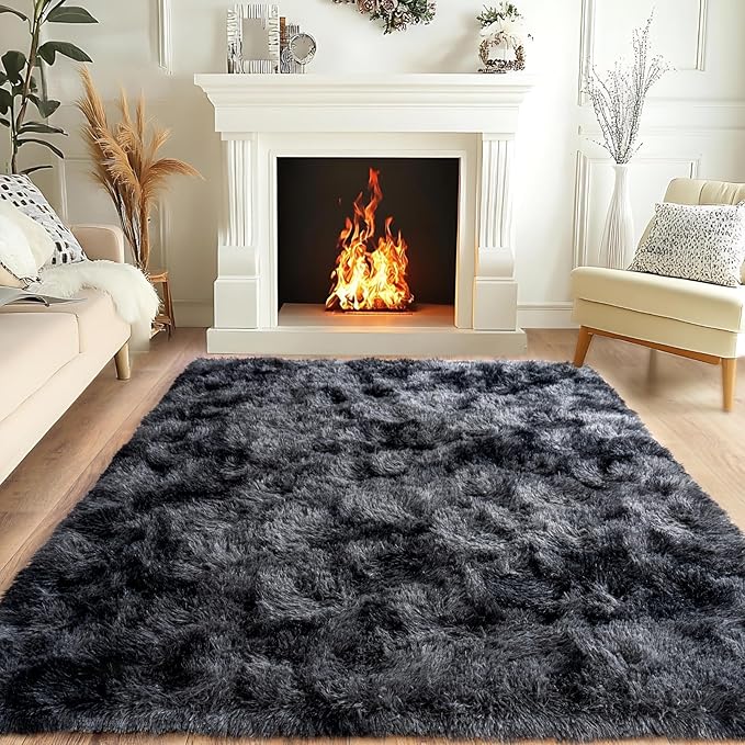 Pionblank Fluffy Area Rug for Bedroom 4x6 Feet, Indoor Plush Carpet, Shag Soft Bedside Rug, Cute Comfy Furry Rug for Living Room Dorm Girls Boys Room Nursery Decor, Dark Grey