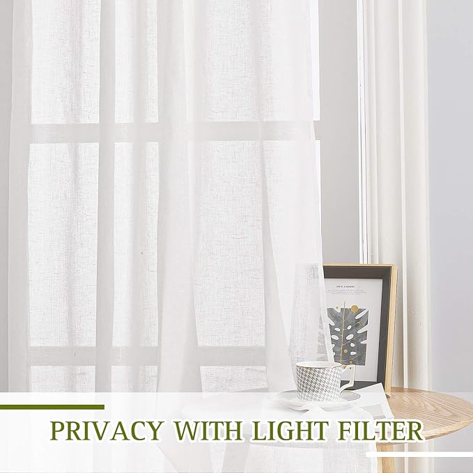 NICETOWN White Linen Sheer Curtains 63 inch Length, Vintage Grommet Linen Textured Semitransparent Privacy Window Treatment Light Filtering for Living Room, 52" W x 63" L, Set of 2
