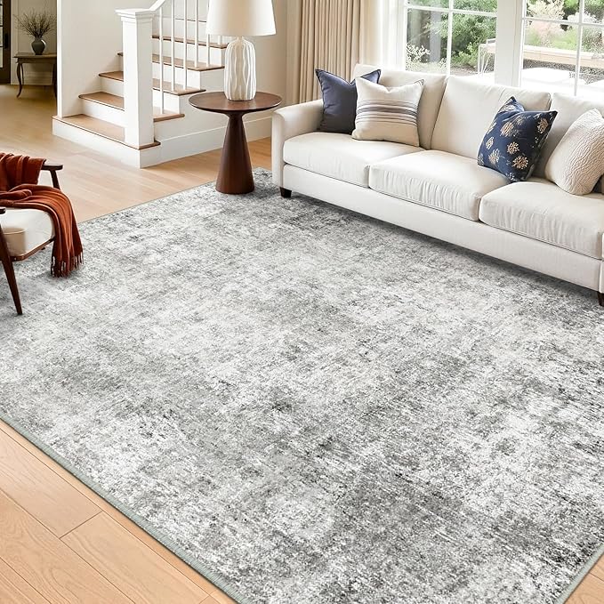 Washable Area Rugs 6'x9' Non-Slip Modern Abstract Soft for Living Room Entryway Bedroom Nursery, Print Pattern, Gray White Grey