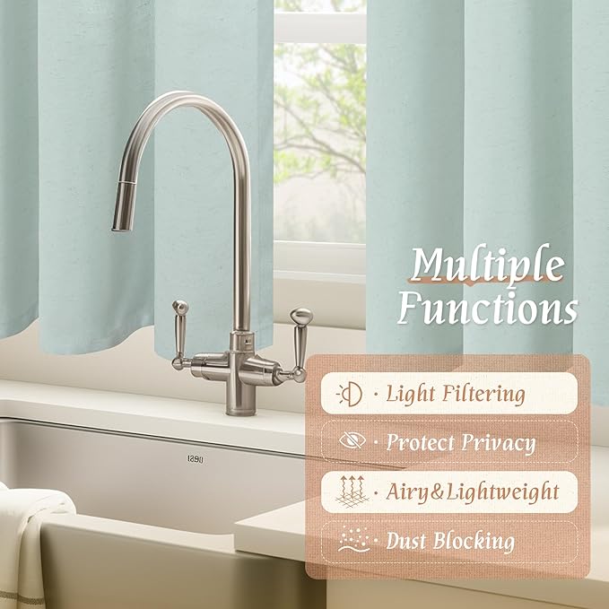 LAMIT 48 Inch Short Window Linen Curtains, Soft Faux Linen Light Filtering Panels Rod Pocket Neutral Drapes for Cafe/Bathroom/Loft Room, Light Blue, 2 Panels, 42 x 48 Inch