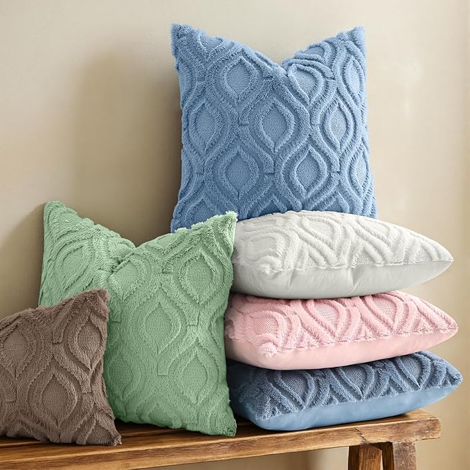 decorUhome Throw Pillow Covers 24x24 Inch Set of 2, Soft Plush Faux Wool Blue Solid Couch Pillow Covers, Accent Euro Sham Farmhouse Neutral Square Pillow Cases for Sofa Bed Living Room